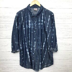Laurie Felt Top Women's Blue Tie Dye Shirt Button Front 3/4 Sleeves size XL
